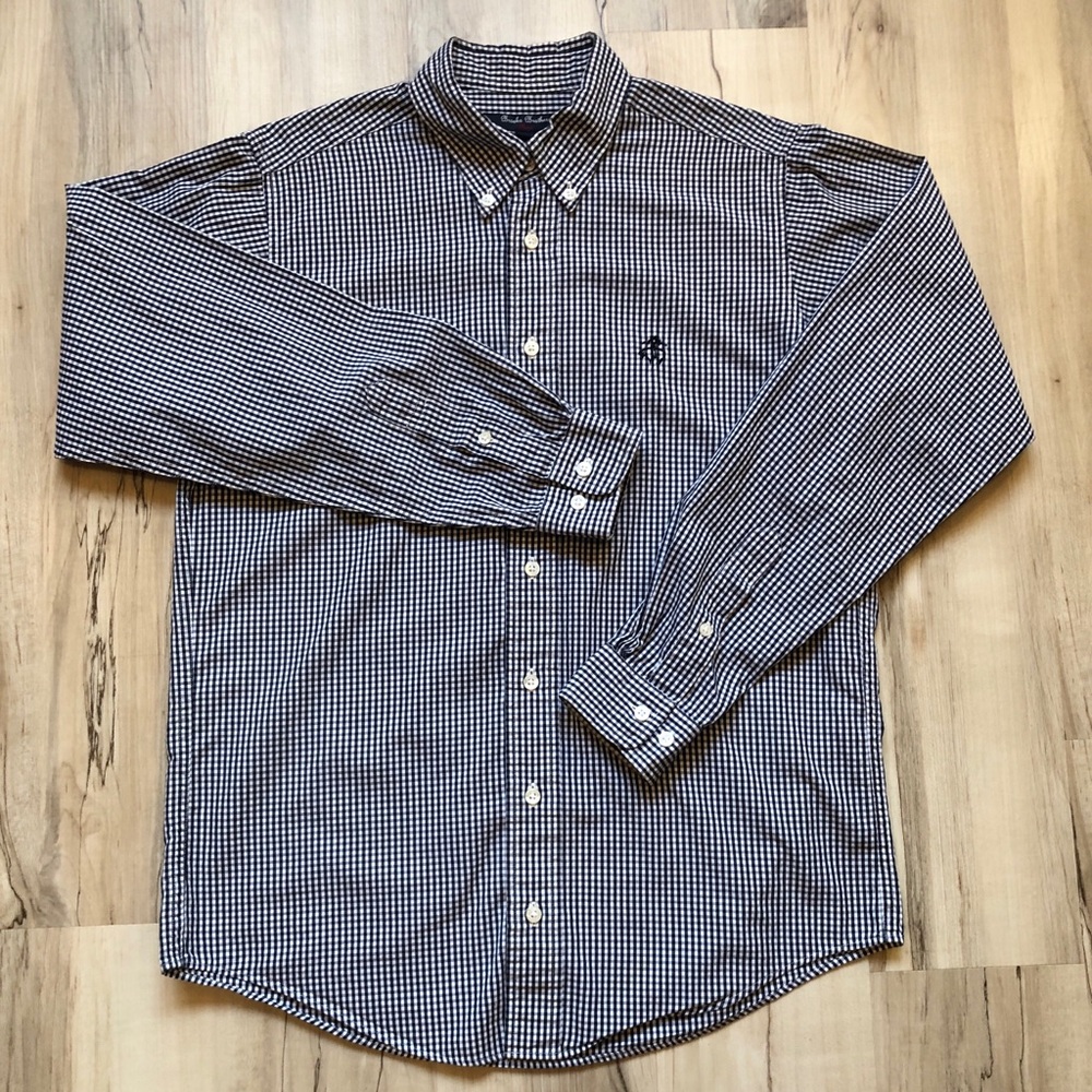Brooks Brothers Girls L Gingham Check Shirt Navy White Cotton Button Down Fleece